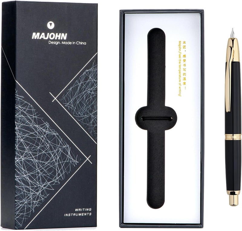 erofa Majohn A1 Press Fountain Pen Fine Nib with Box, Retractable Black Metal Ink Pen with Converter Writing Set (Golden Clip Version) - Image 4